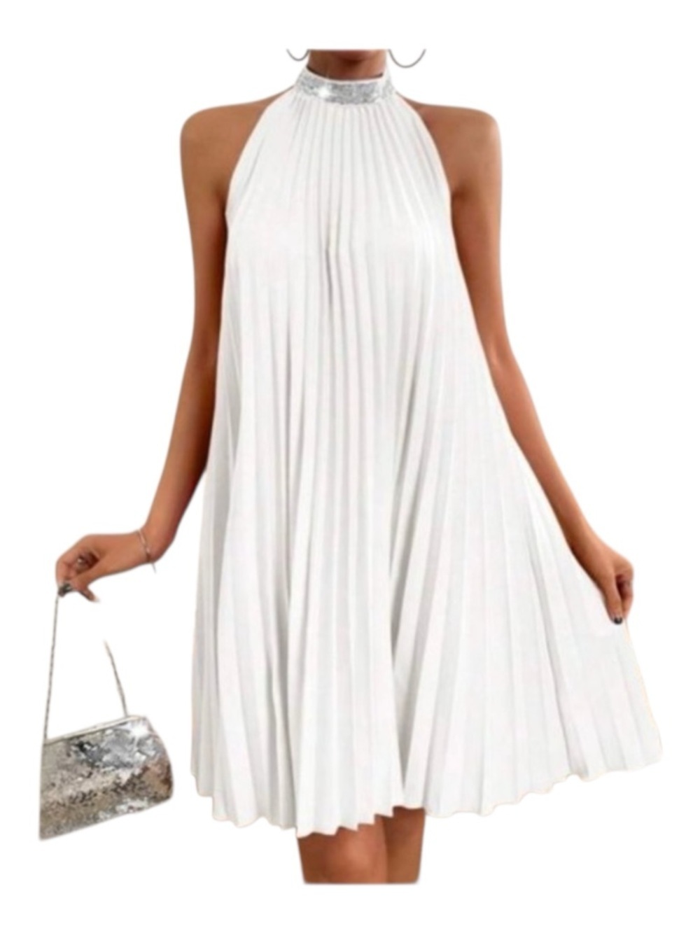White Pleated Halter Swing Dress with Sequin Collar  | Elegant and Flowy